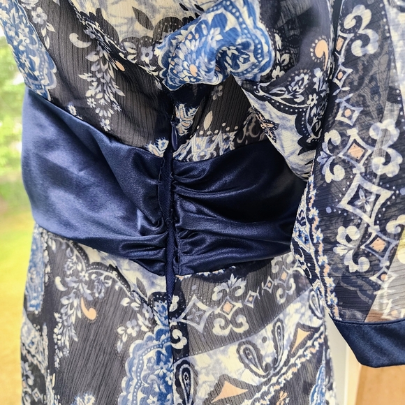 Rampage Navy Blue Satin Trim Sheer Print Waist Defined Bell Sleeve Tunic Top - Picture 11 of 14